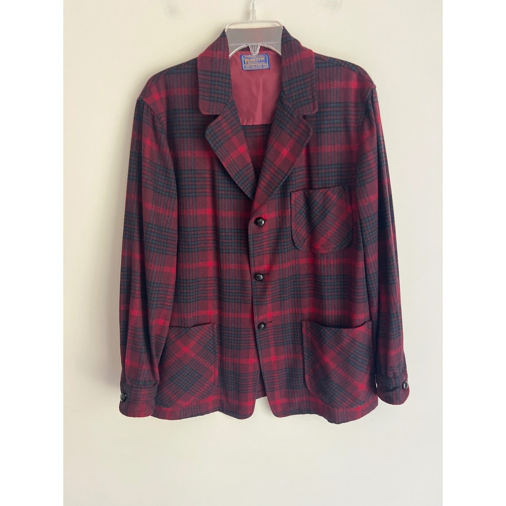 Pendleton Mens Vintage Red Blue Plaid 100% Virgin Wool Unlined Jacket Blazer M
